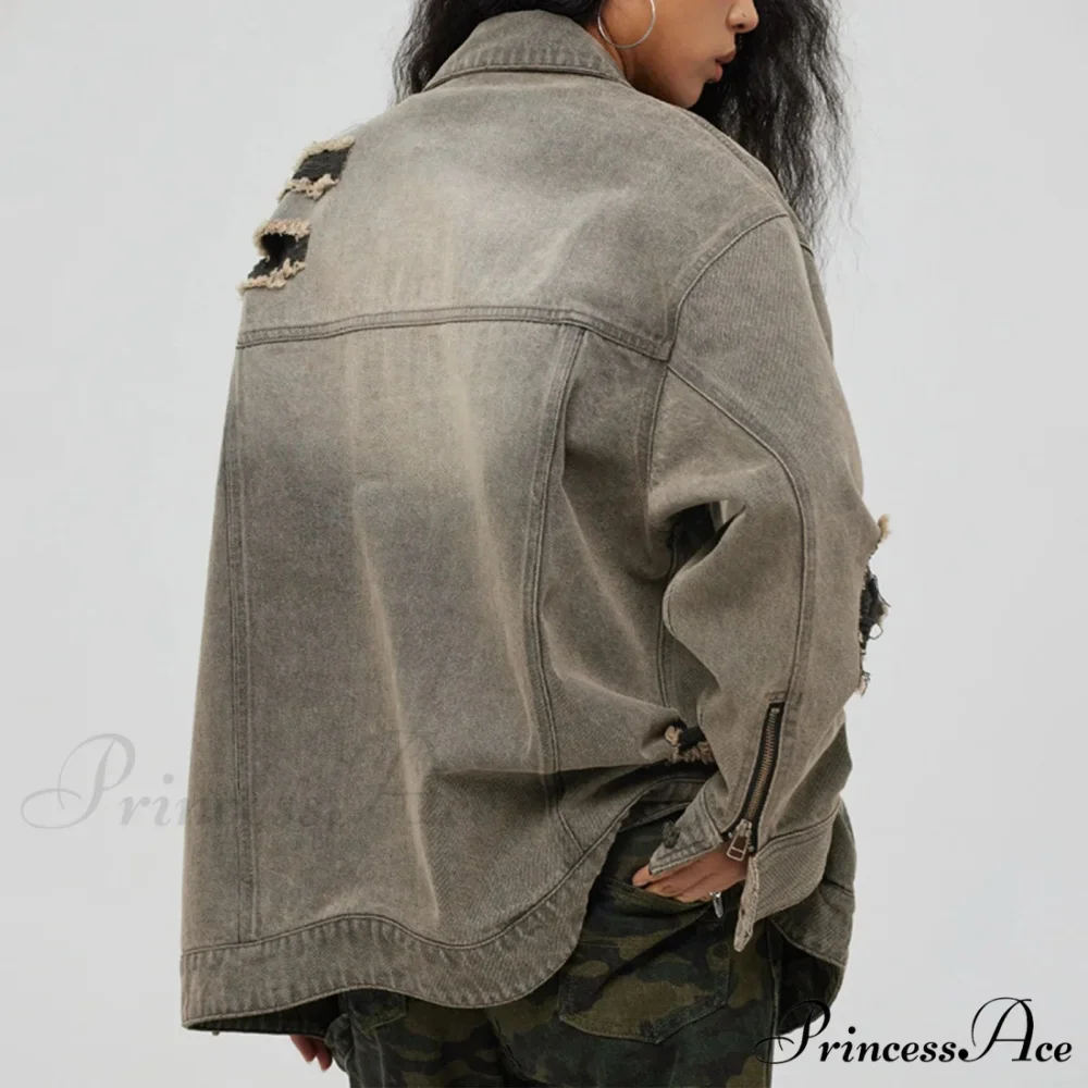 Distressed Denim With Collar Vintage Large Pockets Chic Stylish Elegant Fashionable Versatile Oversized Street Winter Jacket - Image 3