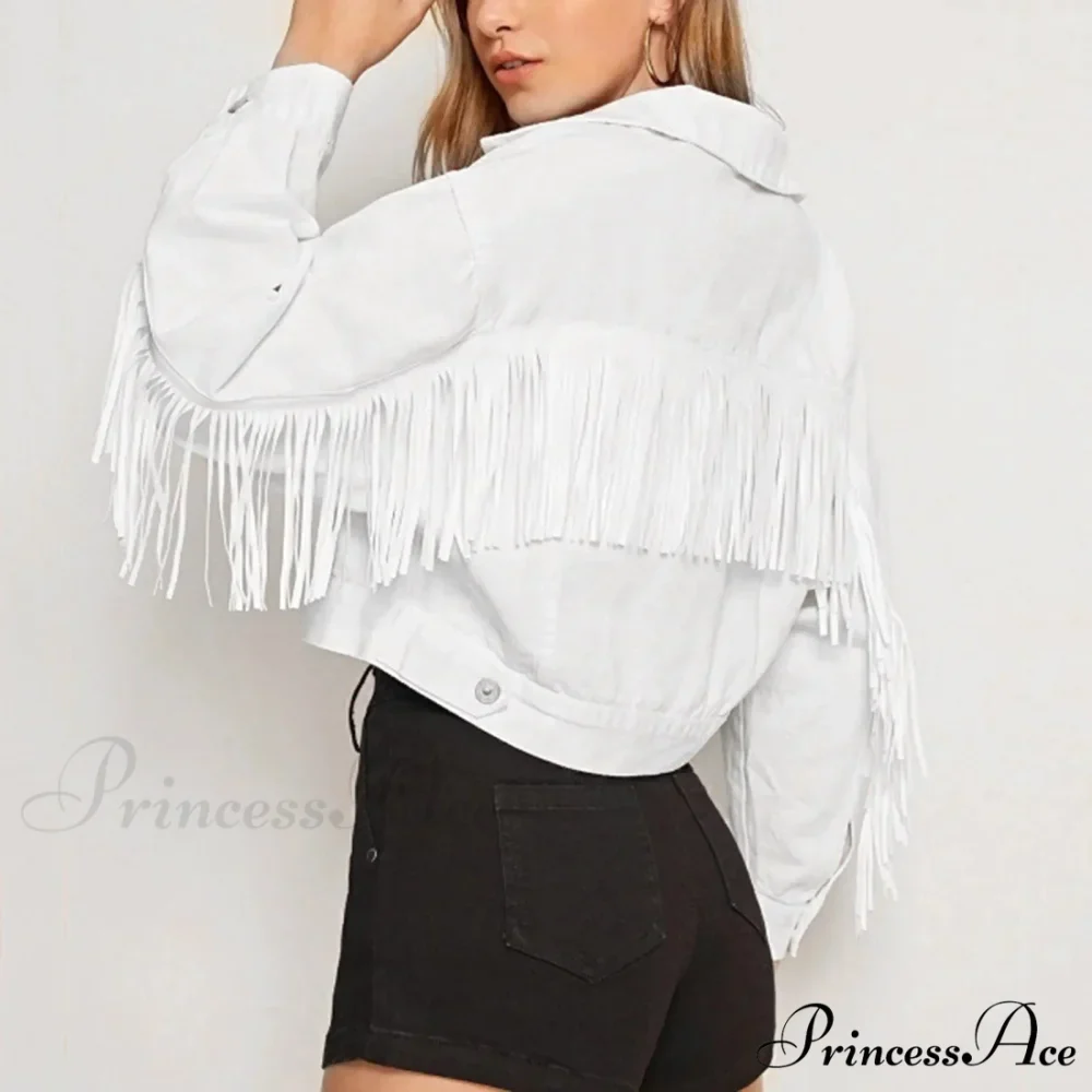 Short Loose Denim Wi Pockets Lapel Button Tassel Chic Stylish Elegant Fashionable Versatile Boyfriend Outer Jacket - Image 3