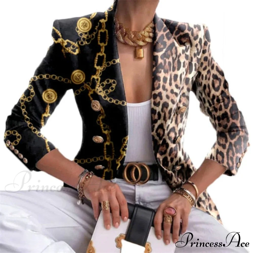 Plaid Leopard Chain Print Stitched Blazer - Image 10