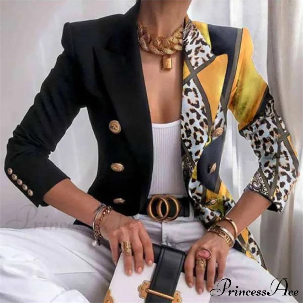 Plaid Leopard Chain Print Stitched Blazer - Image 3