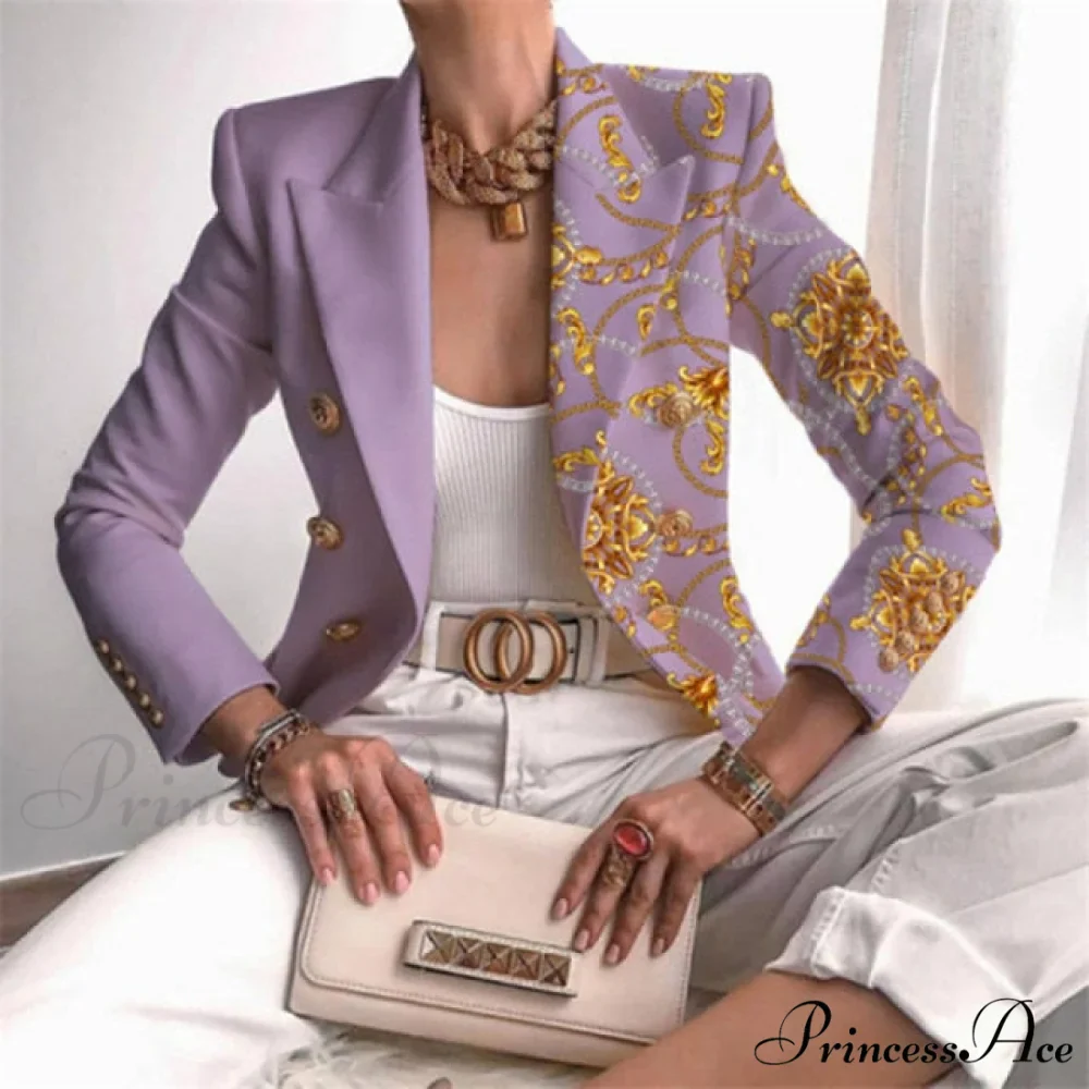 Plaid Leopard Chain Print Stitched Blazer - Image 4