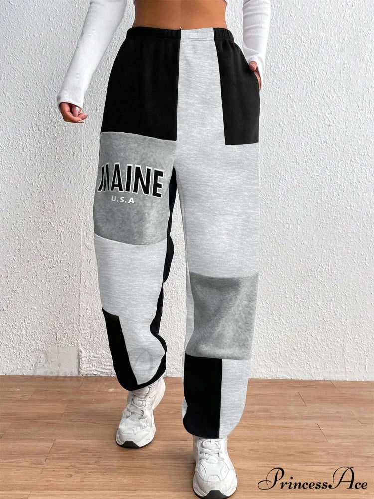 Color Block Jogger Letter Patchwork Print Knitting Casual Slant Pocket Pants - Image 2