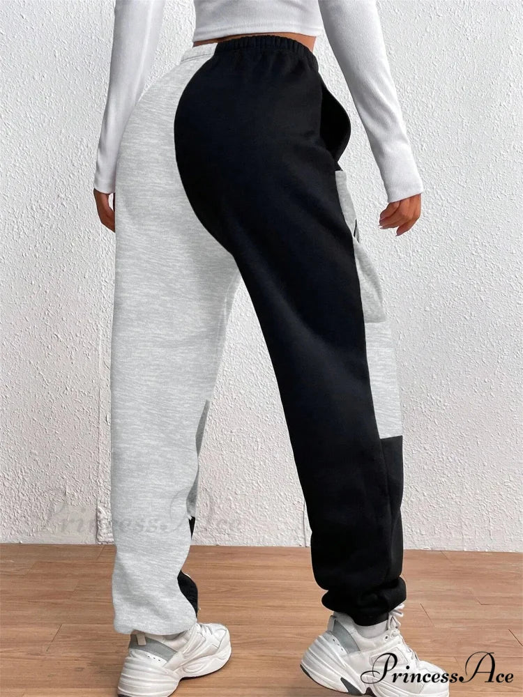 Color Block Jogger Letter Patchwork Print Knitting Casual Slant Pocket Pants - Image 3