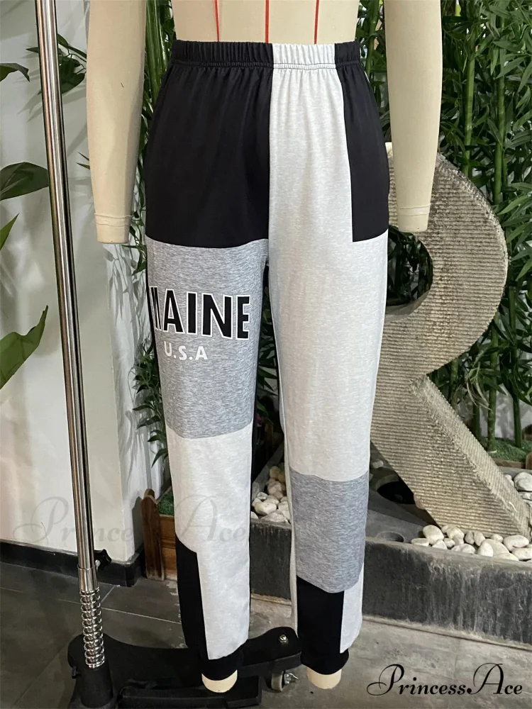 Color Block Jogger Letter Patchwork Print Knitting Casual Slant Pocket Pants - Image 4