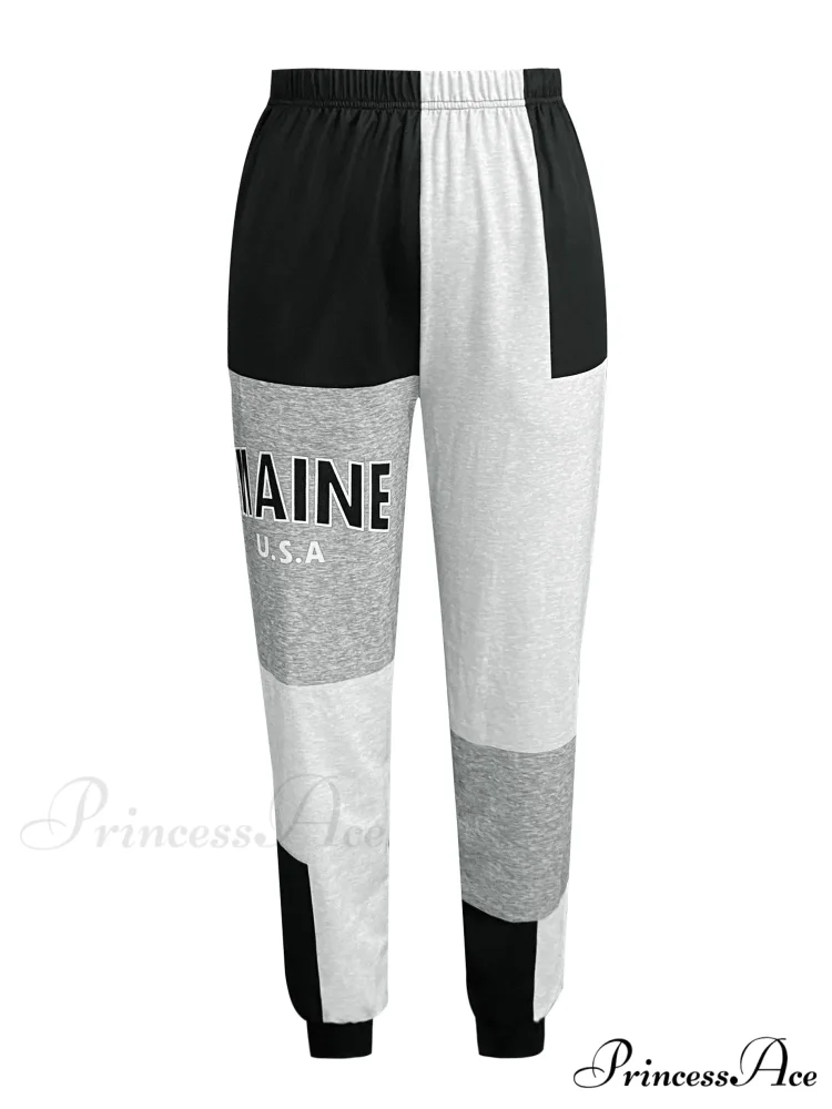 Color Block Jogger Letter Patchwork Print Knitting Casual Slant Pocket Pants - Image 5