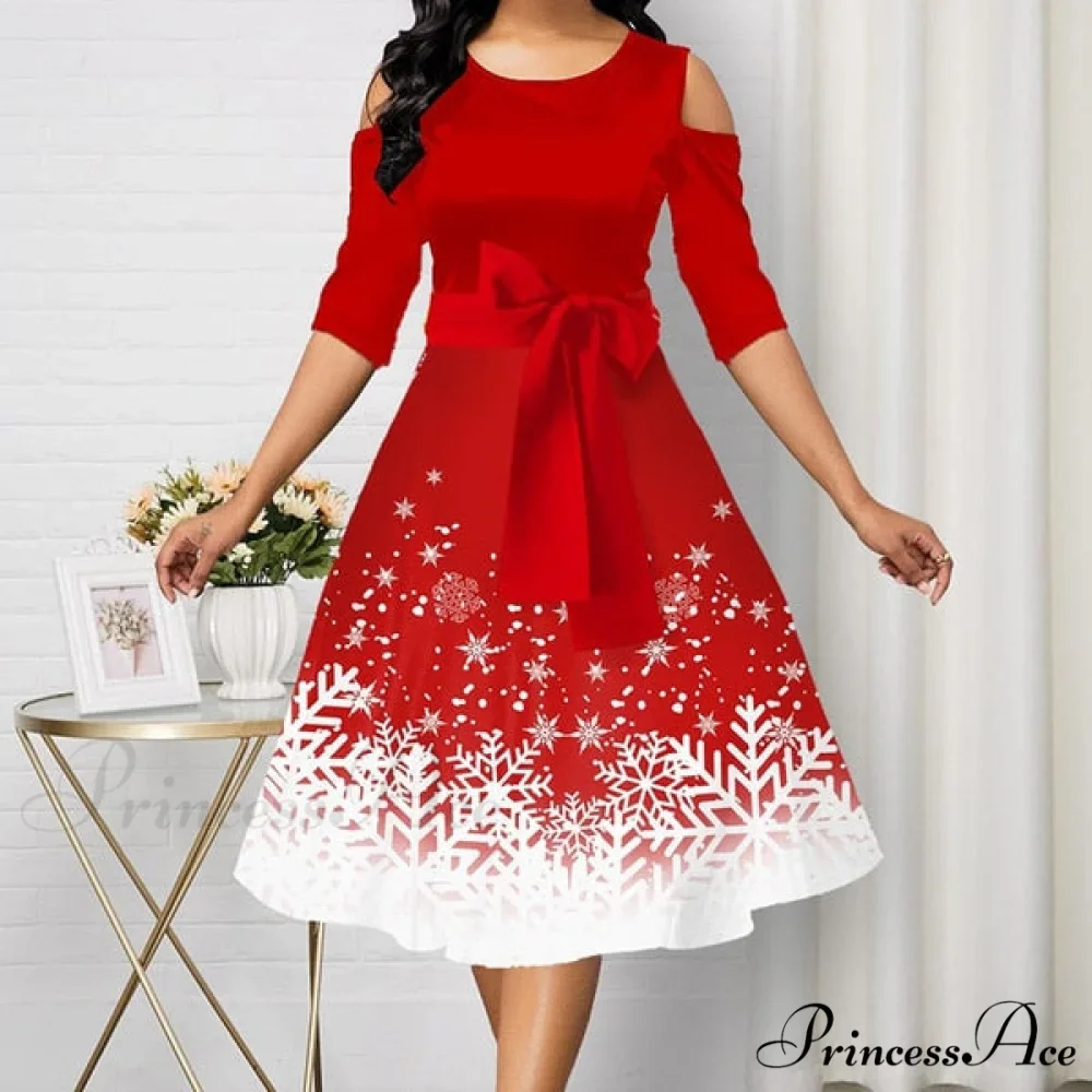 Christmas Women Long Sleeve V-neck Snowflake Print Party Dress - Image 3