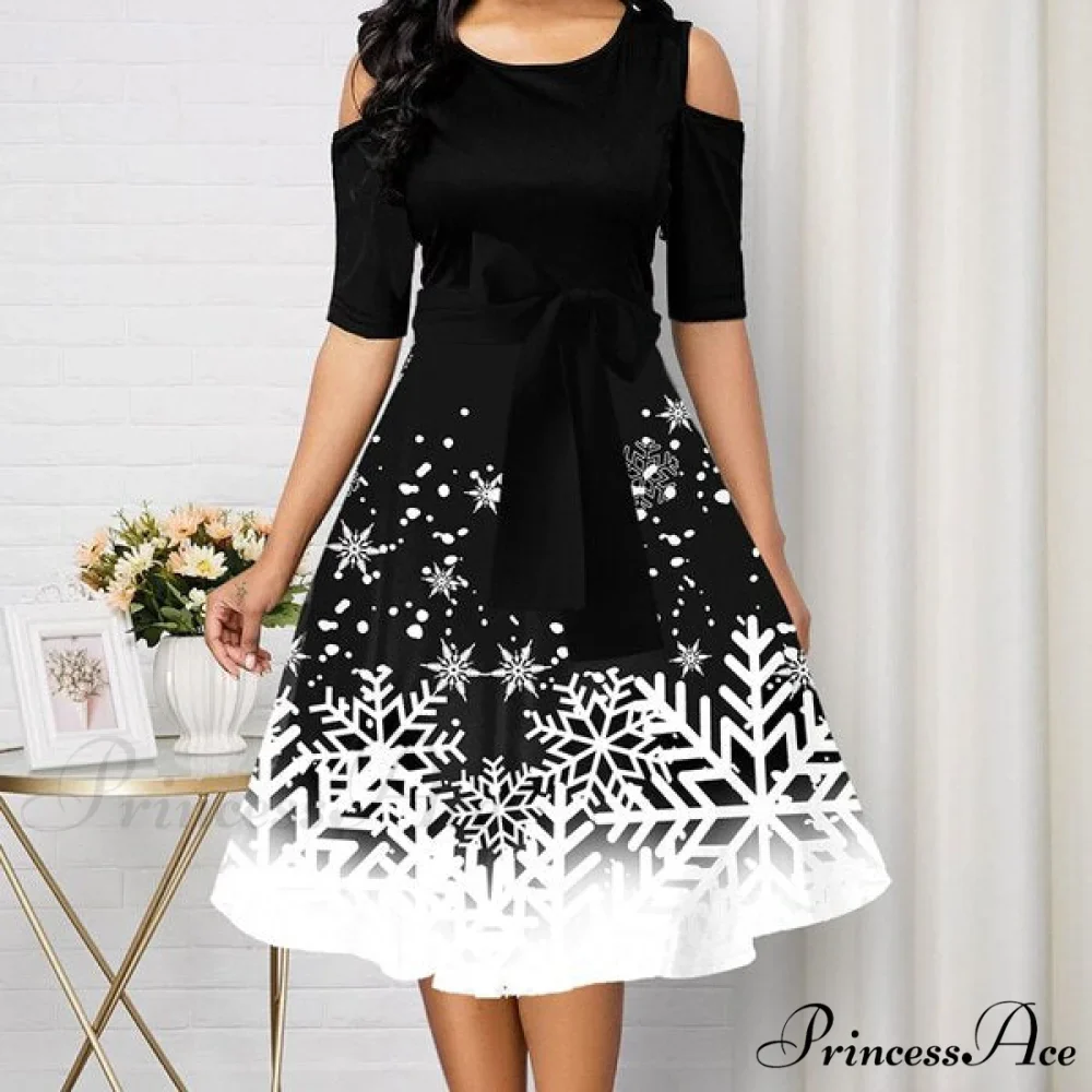 Christmas Women Long Sleeve V-neck Snowflake Print Party Dress - Image 4