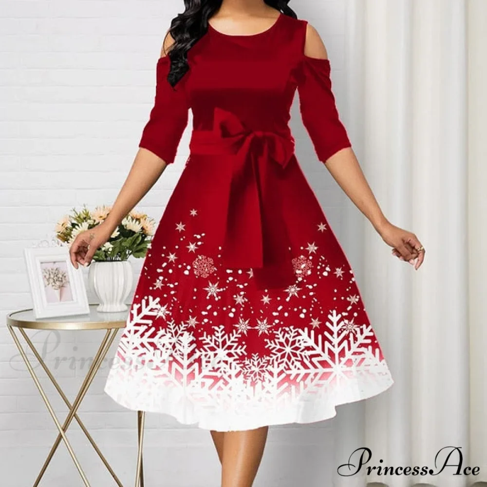 Christmas Women Long Sleeve V-neck Snowflake Print Party Dress - Image 7