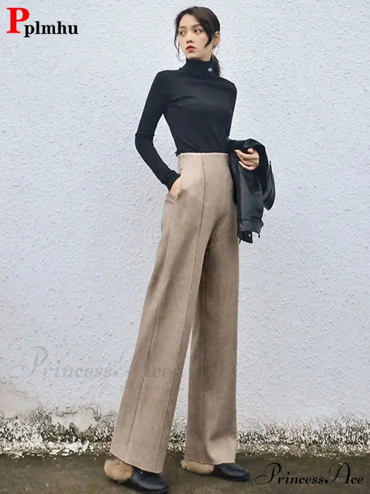 Super High Waist Wool Blend Warm Loose Cashmere Thick Woolen Pants
