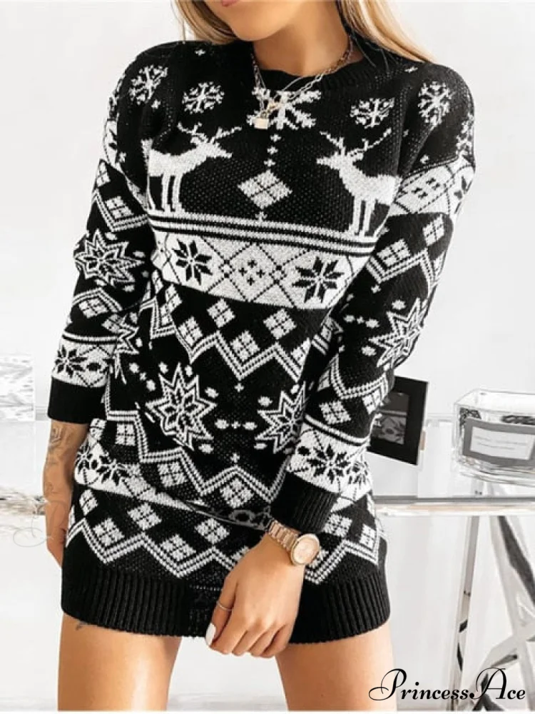 Casual O-Neck Long Sleeve Christmas Sweater Dress - Image 5
