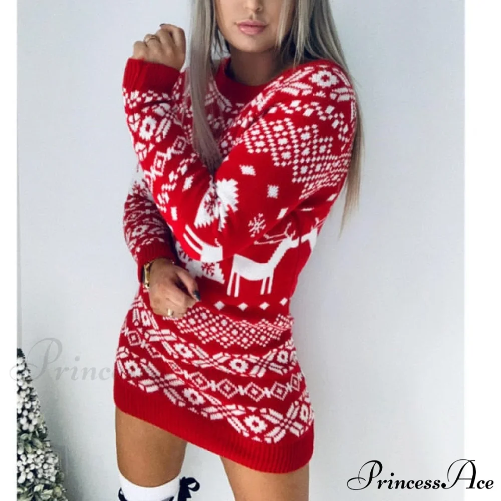 Christmas Deer Knitted Long Sleeve Sweater Dress - Image 3