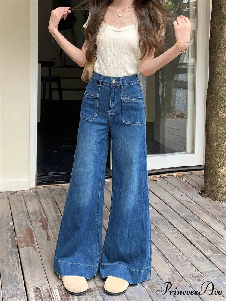 Women's Vintage Style Micro Flared Street Girl Bottoms High Waisted Pant Female Fashion Blue Denim Wide Leg Jeans - Image 2