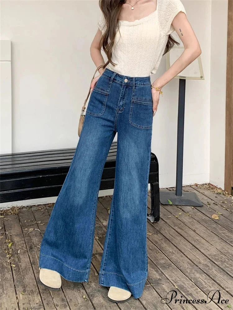 Women's Vintage Style Micro Flared Street Girl Bottoms High Waisted Pant Female Fashion Blue Denim Wide Leg Jeans - Image 3
