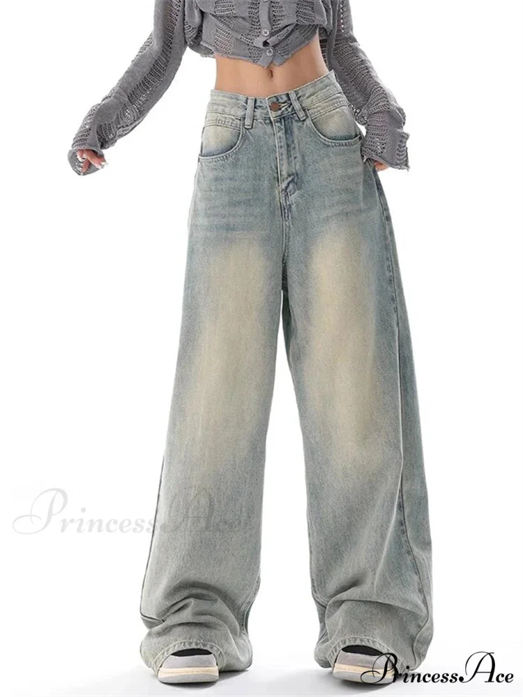 Vintage Washed Thin Casual Neutral Style Blue Denim Female High Waist Straight Pants Jeans
