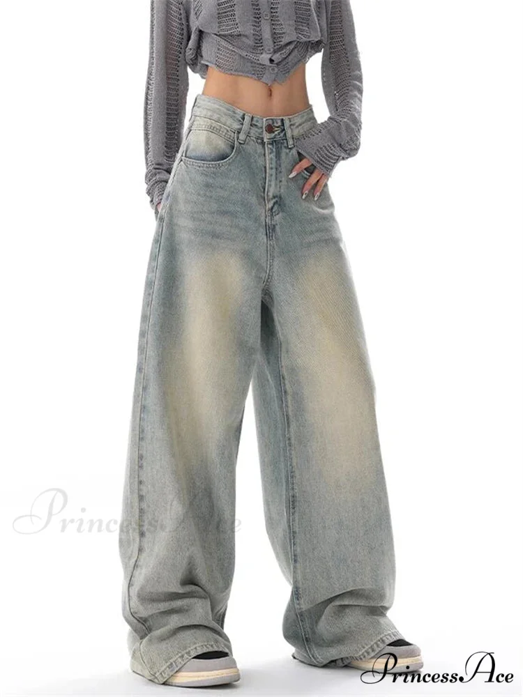 Vintage Washed Thin Casual Neutral Style Blue Denim Female High Waist Straight Pants Jeans - Image 2