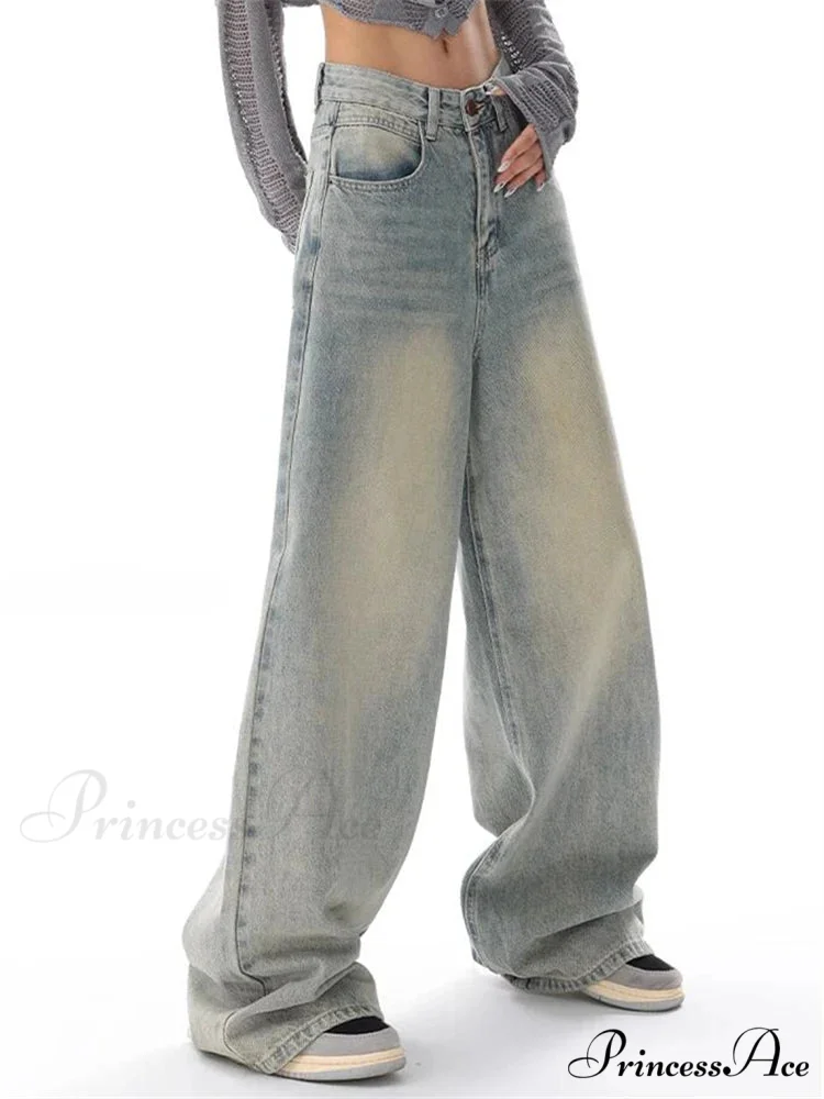 Vintage Washed Thin Casual Neutral Style Blue Denim Female High Waist Straight Pants Jeans - Image 3