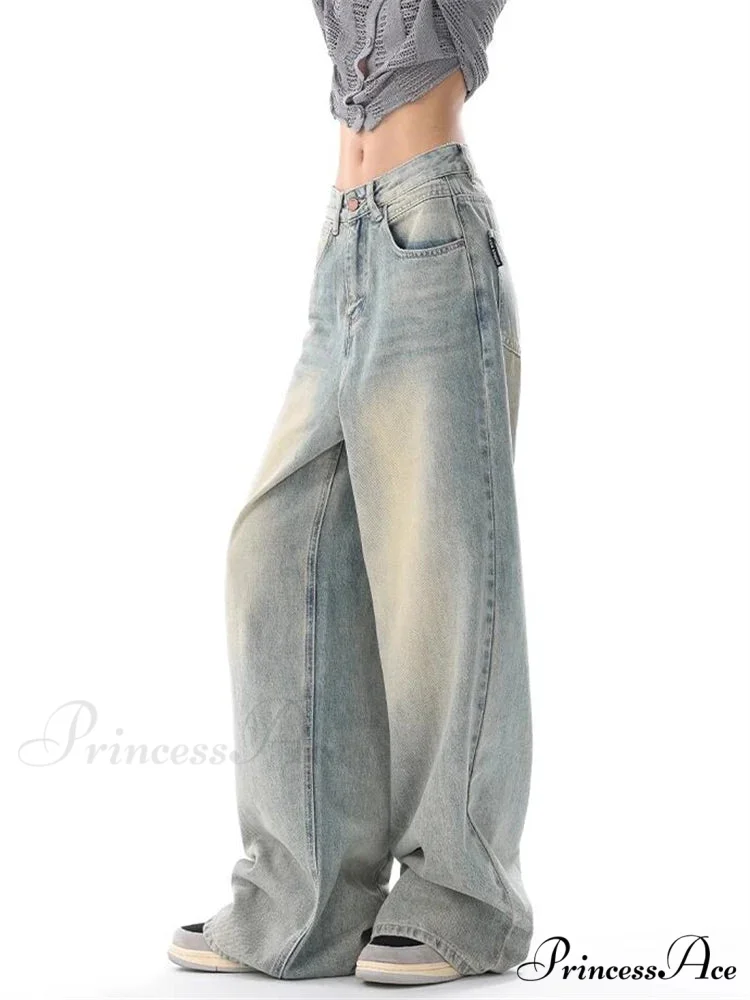 Vintage Washed Thin Casual Neutral Style Blue Denim Female High Waist Straight Pants Jeans - Image 4