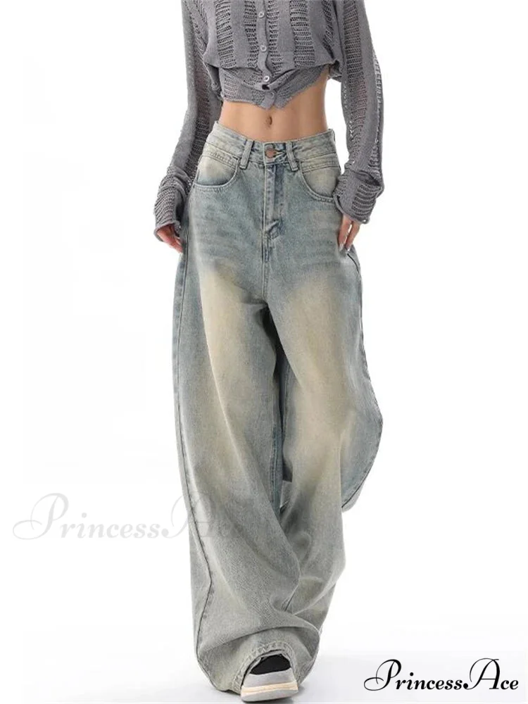 Vintage Washed Thin Casual Neutral Style Blue Denim Female High Waist Straight Pants Jeans - Image 5