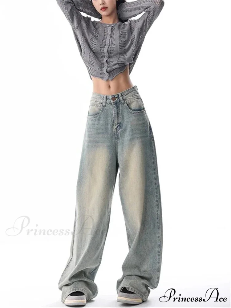 Vintage Washed Thin Casual Neutral Style Blue Denim Female High Waist Straight Pants Jeans - Image 6