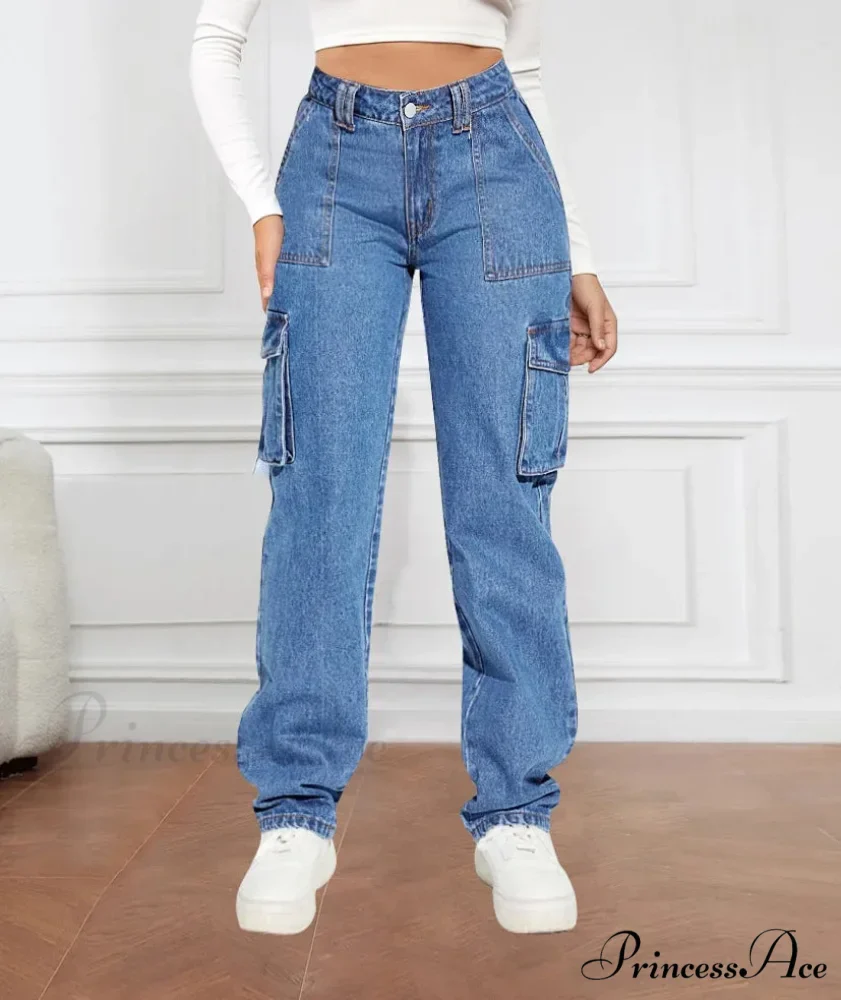 2024 Blue Autumn Cargo Women High Waist Button Pocket Denim Pants High Quality Female Cowboy Jeans - Image 2