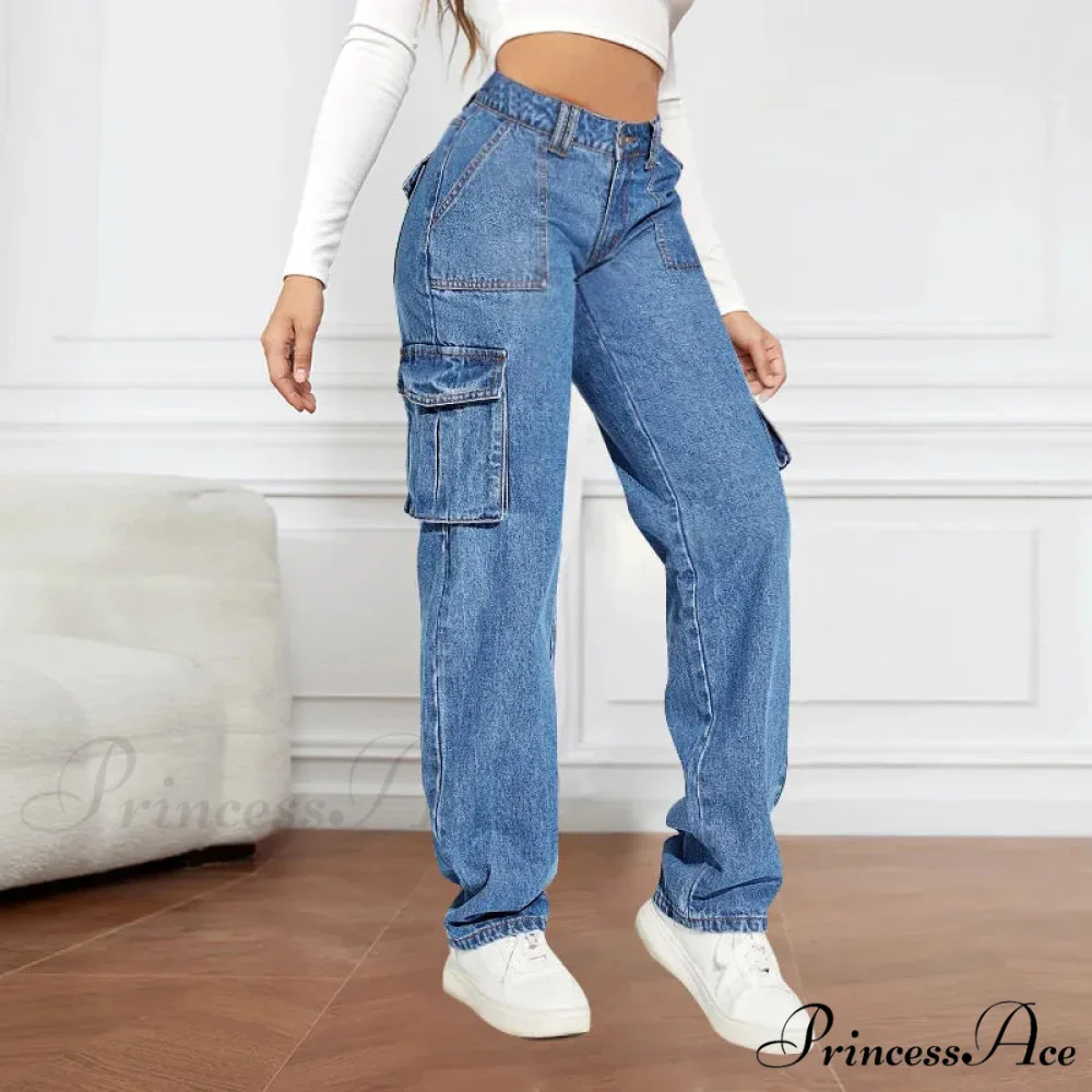2024 Blue Autumn Cargo Women High Waist Button Pocket Denim Pants High Quality Female Cowboy Jeans - Image 3
