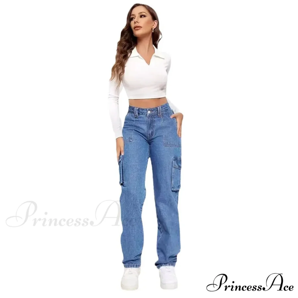 2024 Blue Autumn Cargo Women High Waist Button Pocket Denim Pants High Quality Female Cowboy Jeans - Image 4