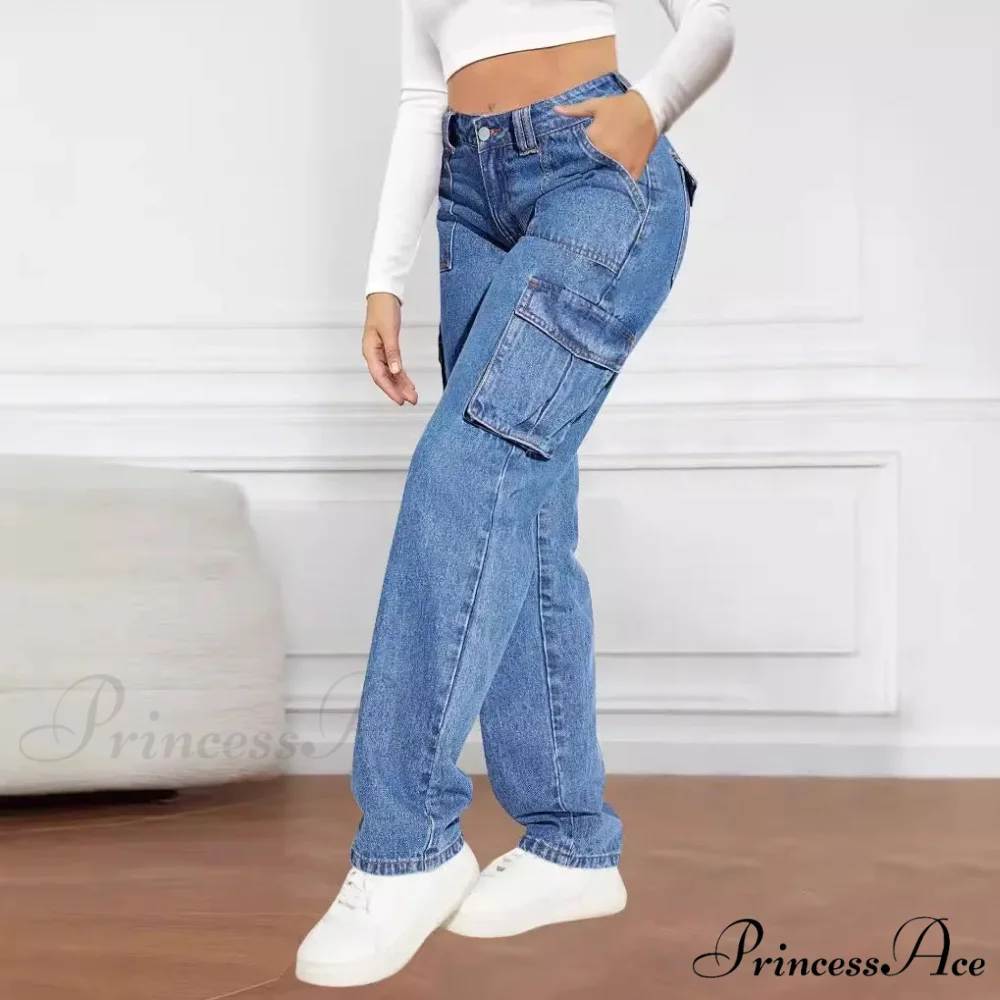 2024 Blue Autumn Cargo Women High Waist Button Pocket Denim Pants High Quality Female Cowboy Jeans - Image 5