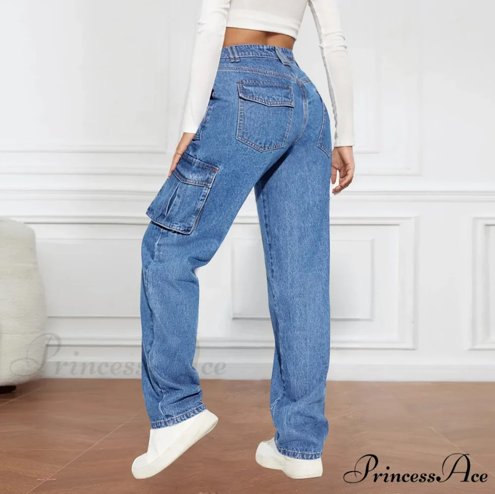 2024 Blue Autumn Cargo Women High Waist Button Pocket Denim Pants High Quality Female Cowboy Jeans - Image 6