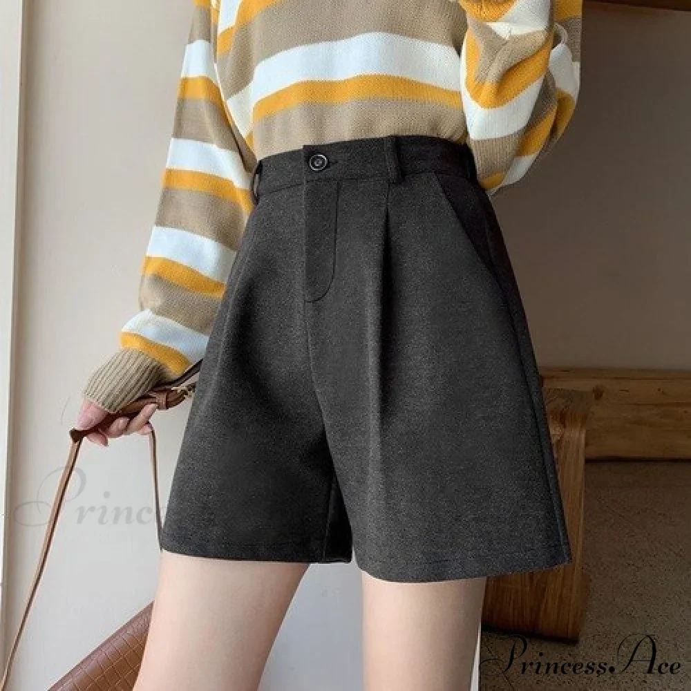 Fashion Solid Wide Leg Woolen Shorts - Image 10