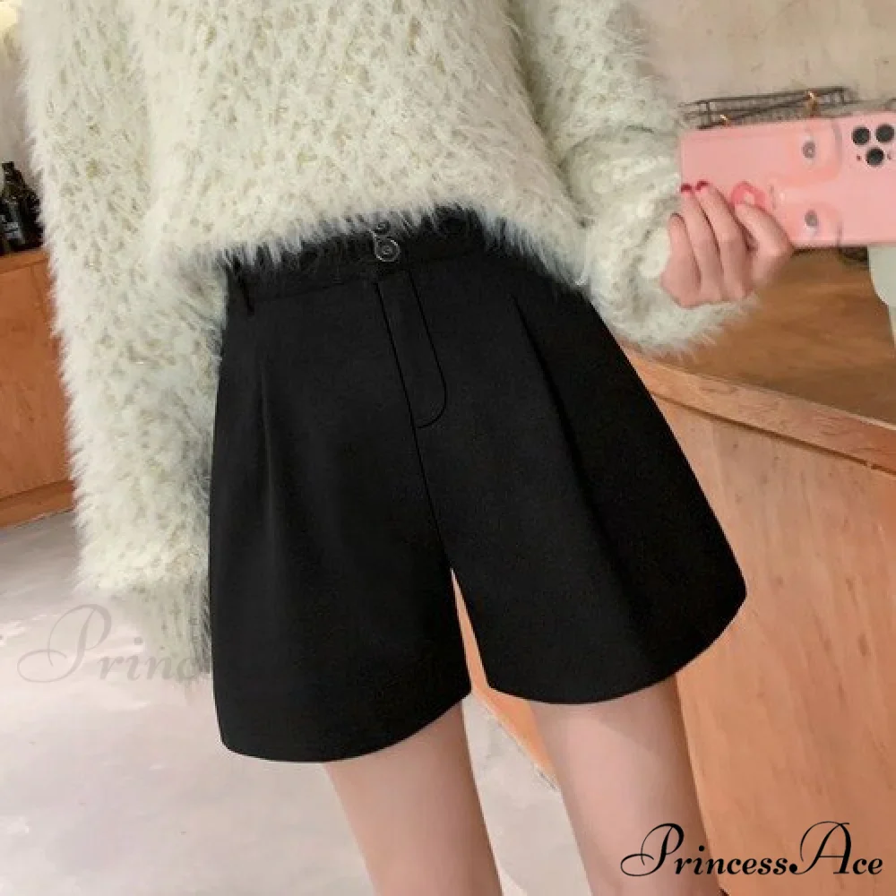 Fashion Solid Wide Leg Woolen Shorts - Image 13