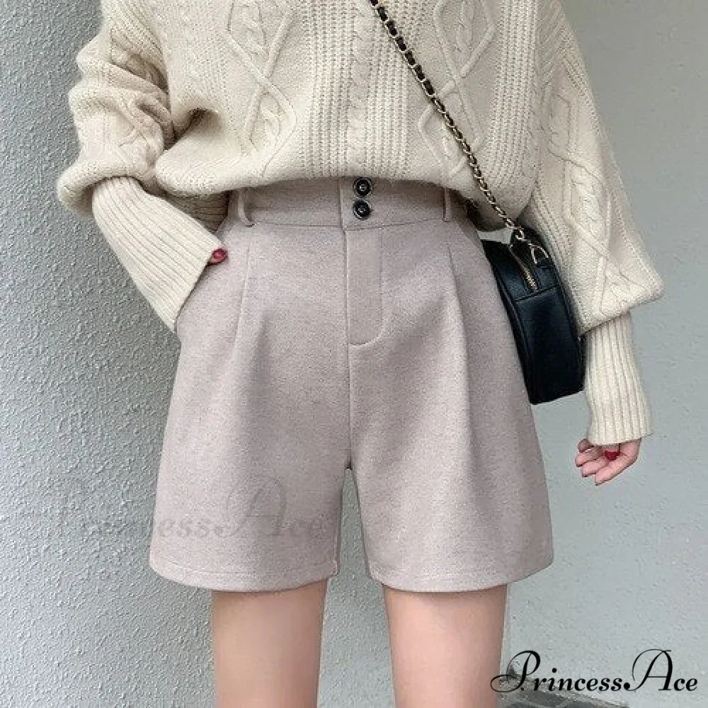 Fashion Solid Wide Leg Woolen Shorts - Image 6