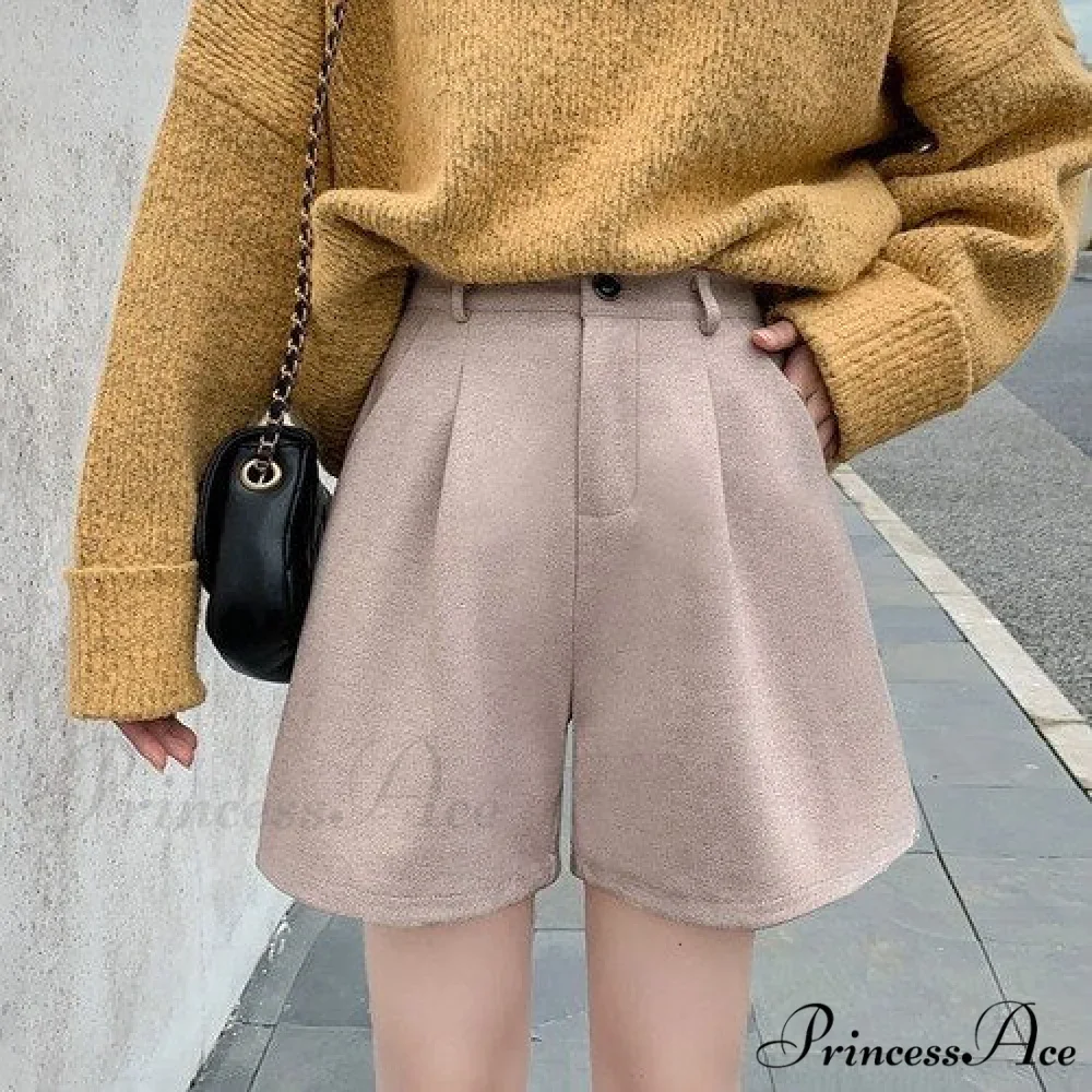 Fashion Solid Wide Leg Woolen Shorts - Image 9