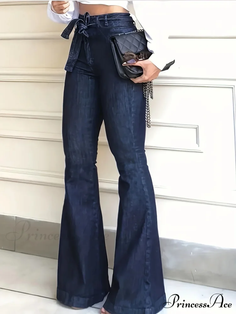 Women Fashion Blue Denim High-Stretch Bell Bottom Legs Denim Pants Women Solid Color High Waist Flare Jeans - Image 2