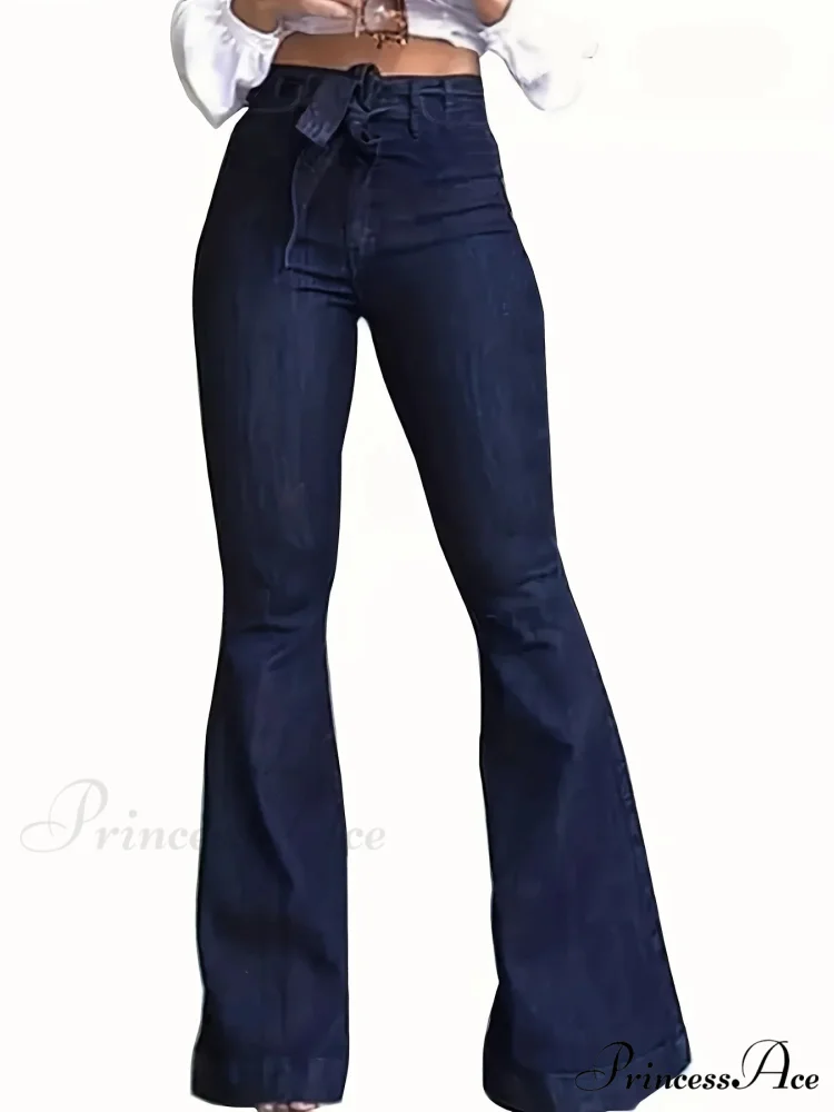 Women Fashion Blue Denim High-Stretch Bell Bottom Legs Denim Pants Women Solid Color High Waist Flare Jeans - Image 5