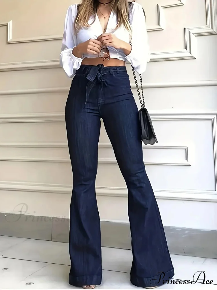 Women Fashion Blue Denim High-Stretch Bell Bottom Legs Denim Pants Women Solid Color High Waist Flare Jeans - Image 6
