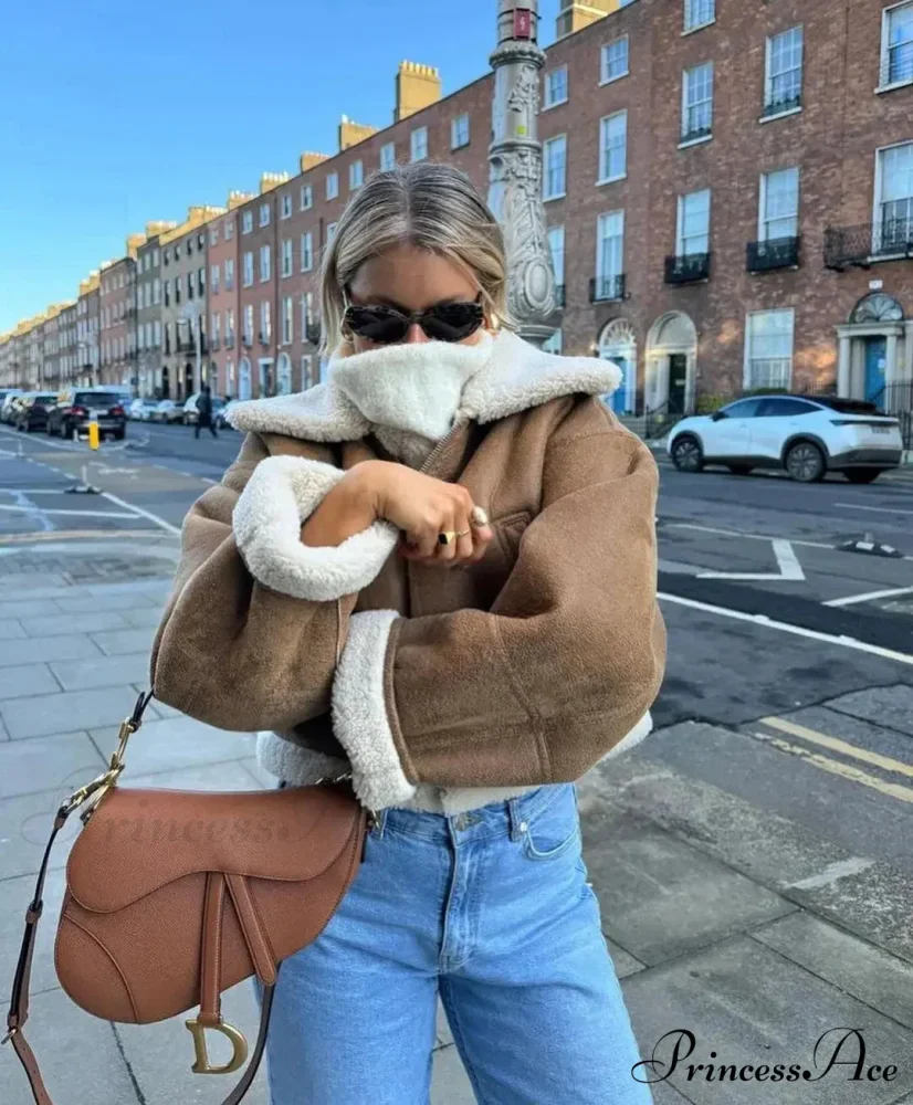 Autumn Vintage Faux Leather Cropped Warm Lapel Fleece Long Sleeve Stylish Coat - Image 2
