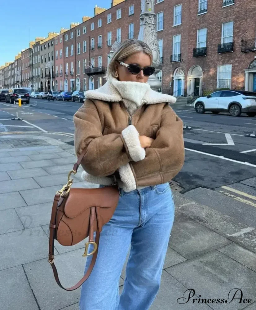 Autumn Vintage Faux Leather Cropped Warm Lapel Fleece Long Sleeve Stylish Coat - Image 4