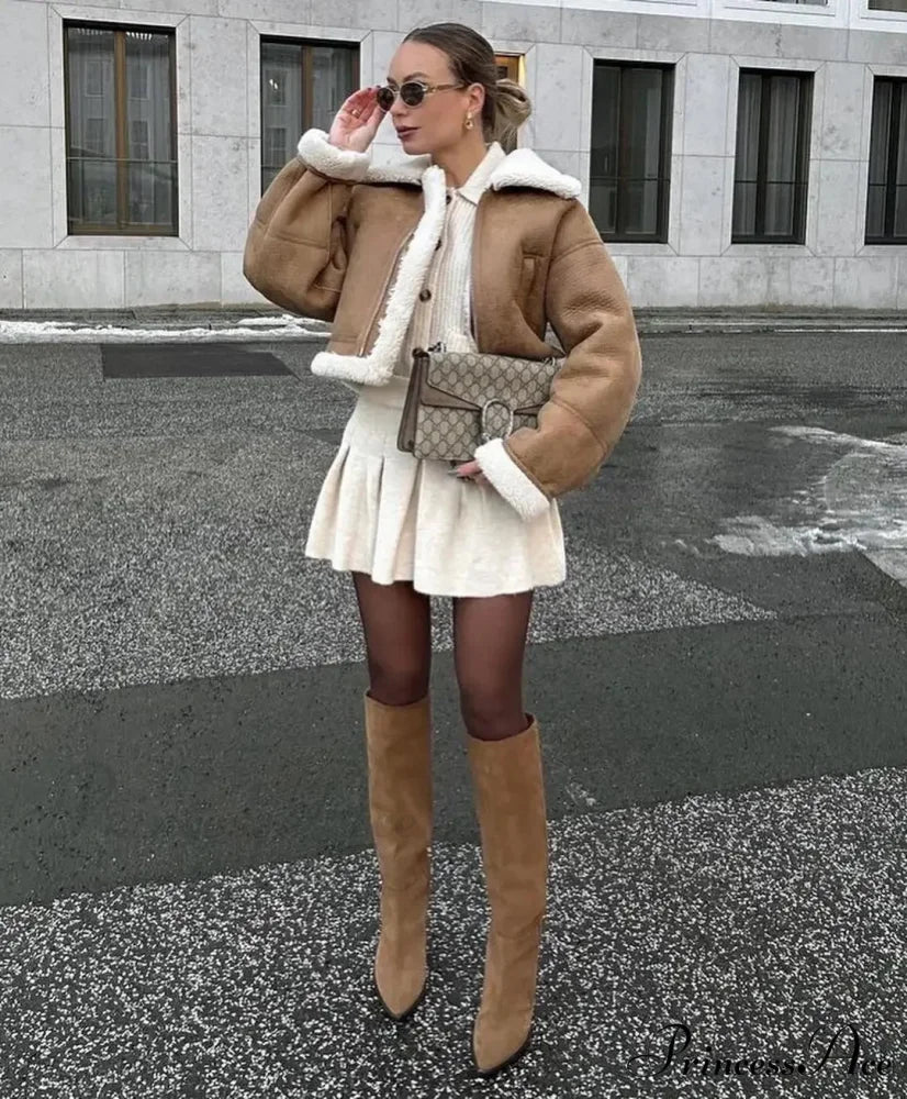 Autumn Vintage Faux Leather Cropped Warm Lapel Fleece Long Sleeve Stylish Coat - Image 5