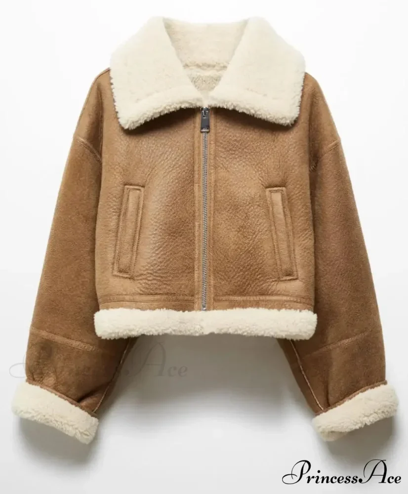 Autumn Vintage Faux Leather Cropped Warm Lapel Fleece Long Sleeve Stylish Coat - Image 6