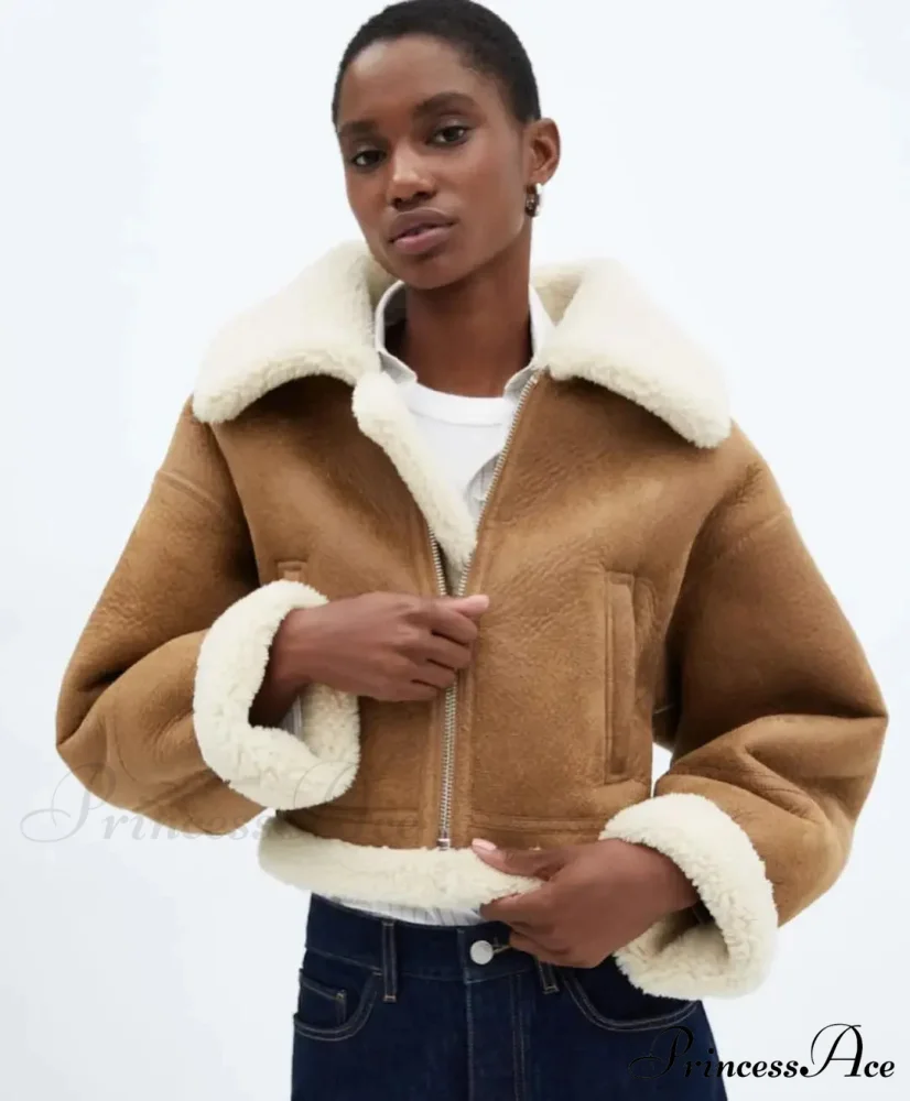 Autumn Vintage Faux Leather Cropped Warm Lapel Fleece Long Sleeve Stylish Coat - Image 7