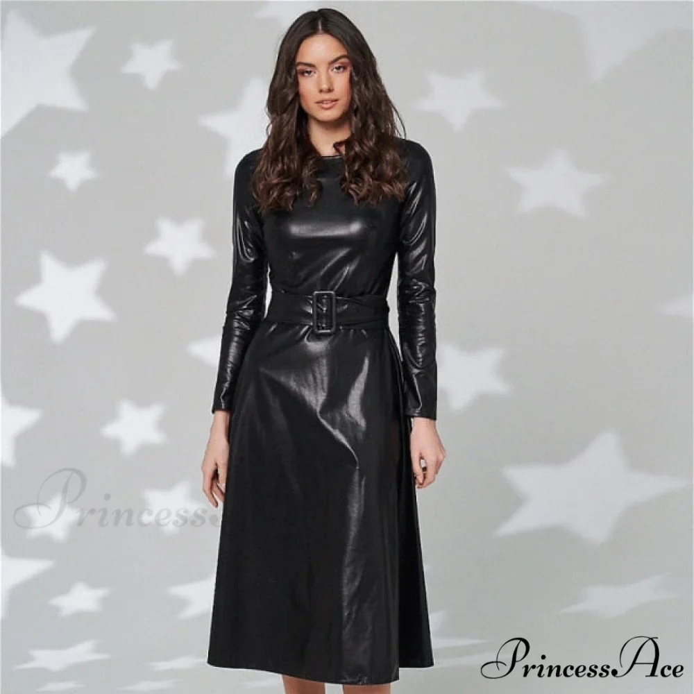 Women Long Sleeve Slim Fit PU Dress - Image 2