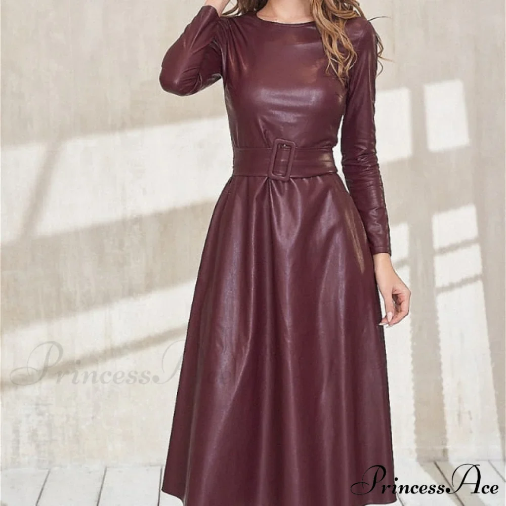 Women Long Sleeve Slim Fit PU Dress - Image 6