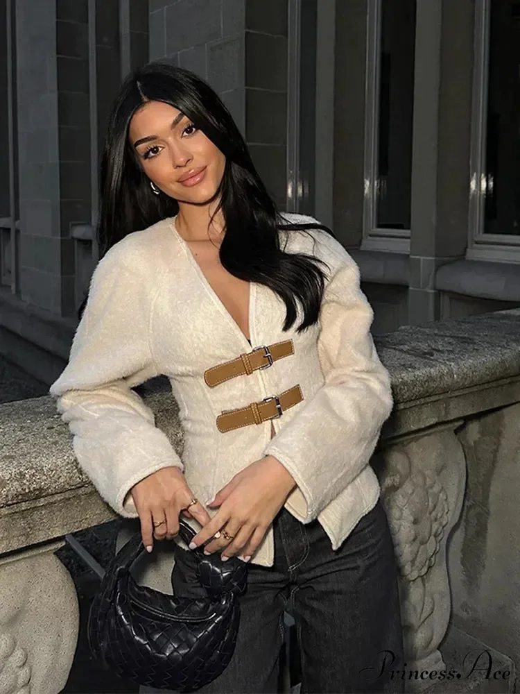Chic Leather Belted V-neck Elegant Long Sleeved Outerwear New Autumn Stylish Coat - Image 5