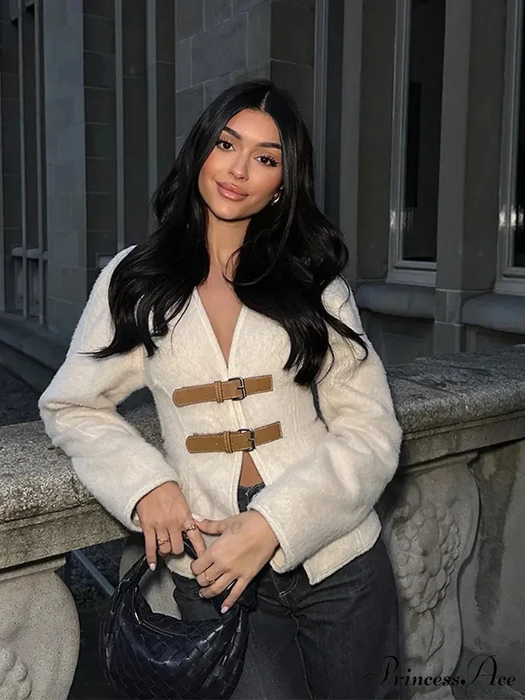 Chic Leather Belted V-neck Elegant Long Sleeved Outerwear New Autumn Stylish Coat - Image 6