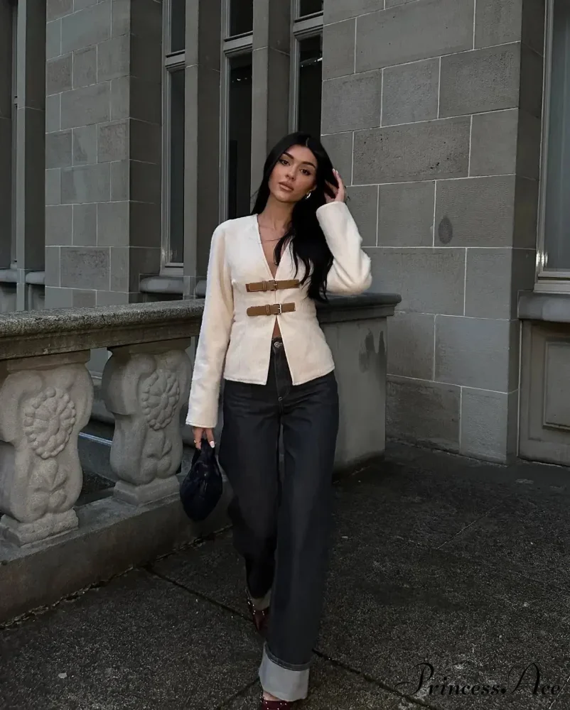 Chic Leather Belted V-neck Elegant Long Sleeved Outerwear New Autumn Stylish Coat - Image 7