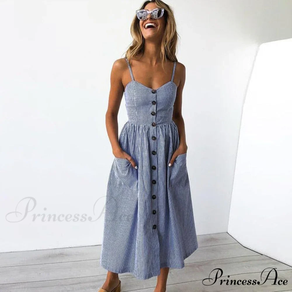 Midi Button Backless Polka Dot Striped Dress - Image 13