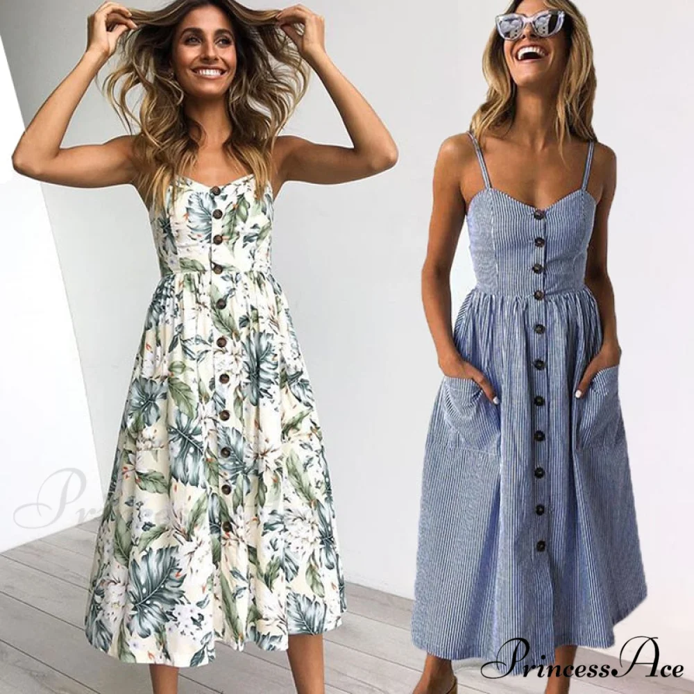 Midi Button Backless Polka Dot Striped Dress - Image 3