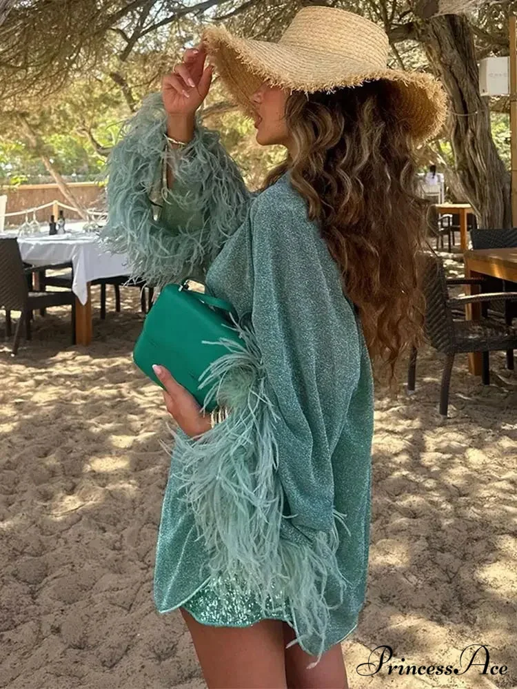 Fashionable Solid Shiny Feathered Patchwork Chic Stand Collar Single-breasted Loose Stylish Coat - Image 6