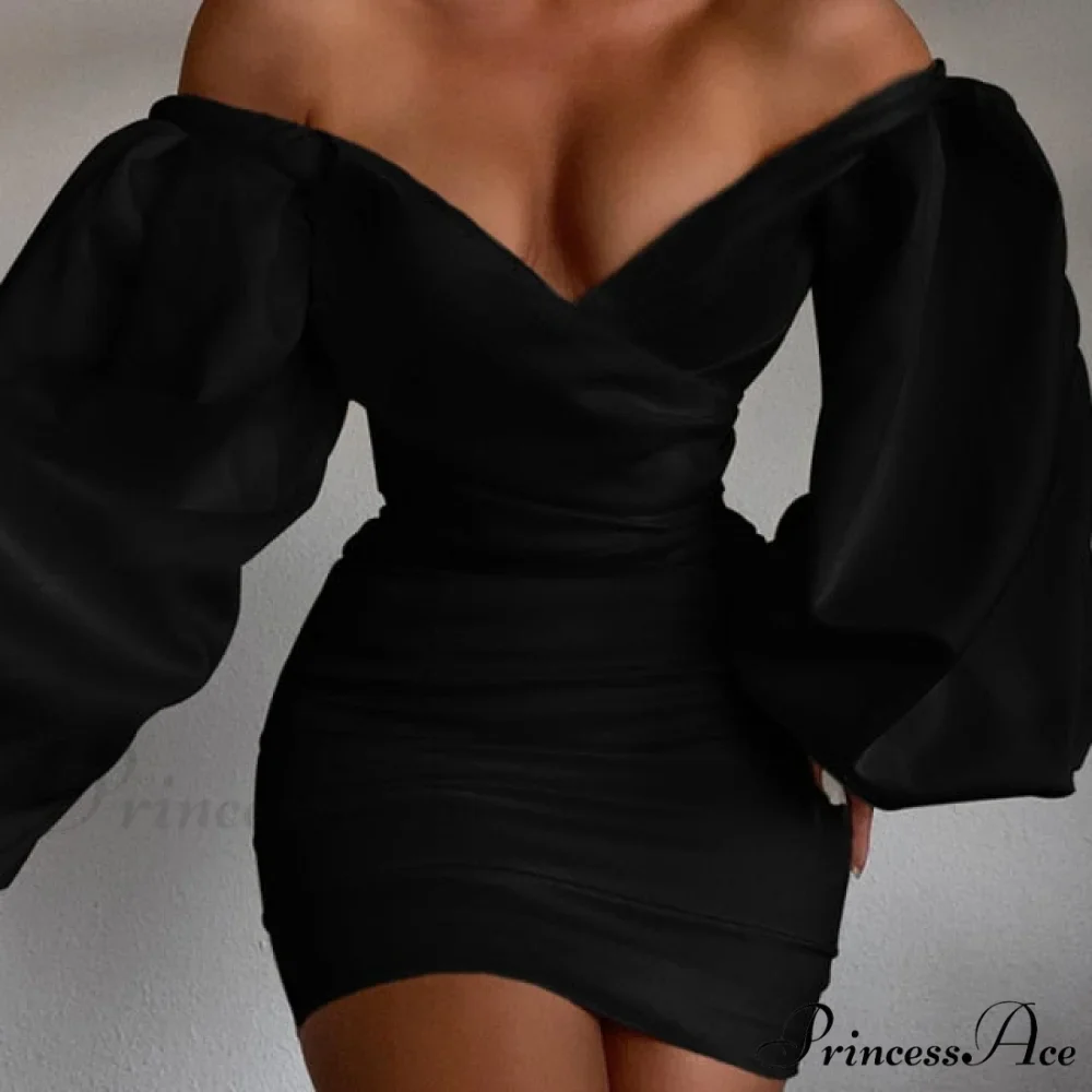 White Off Shoulder Puff Long Sleeve Satin Dress - Image 3