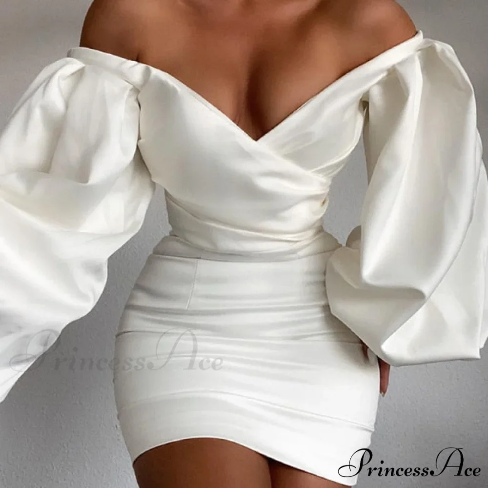 White Off Shoulder Puff Long Sleeve Satin Dress - Image 4